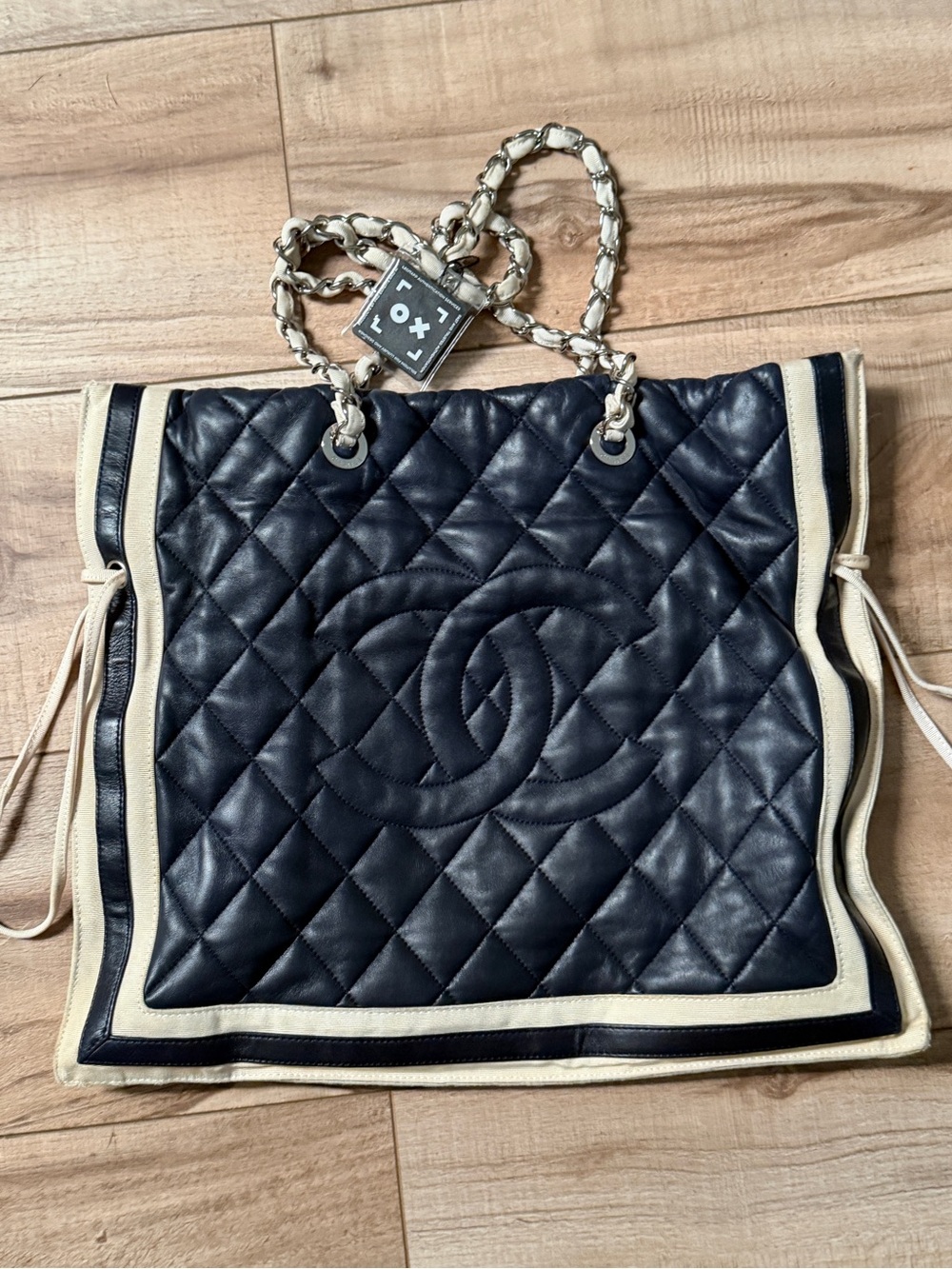 CHANEL Navy Quilted Leather Tote with Cream Trim